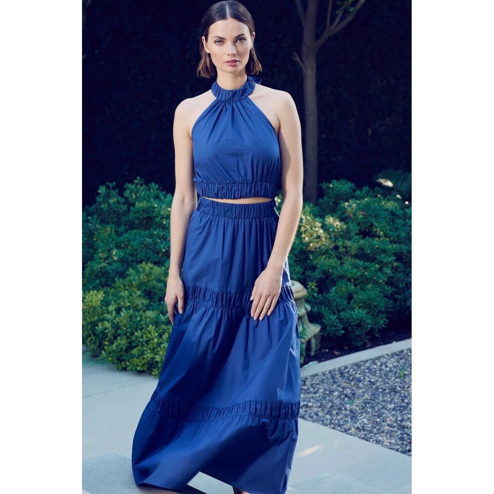 MISA Los Angeles Navy Blue Cotton Poplin Halter Crop Top Maxi Skirt Set Size S